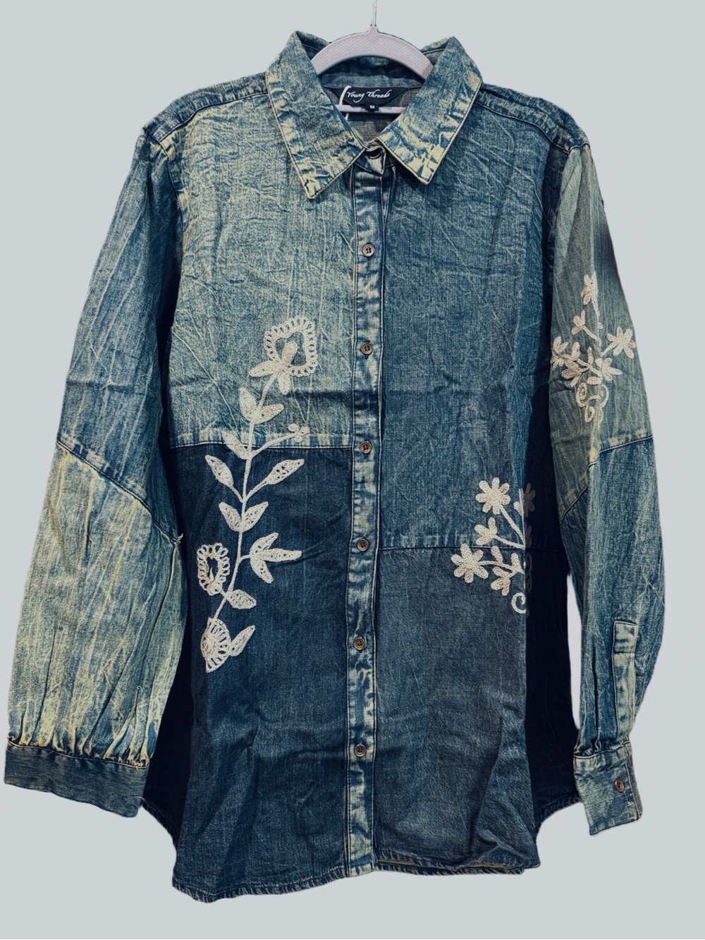Young Threads Embroidered Patchwork Denim Shirt